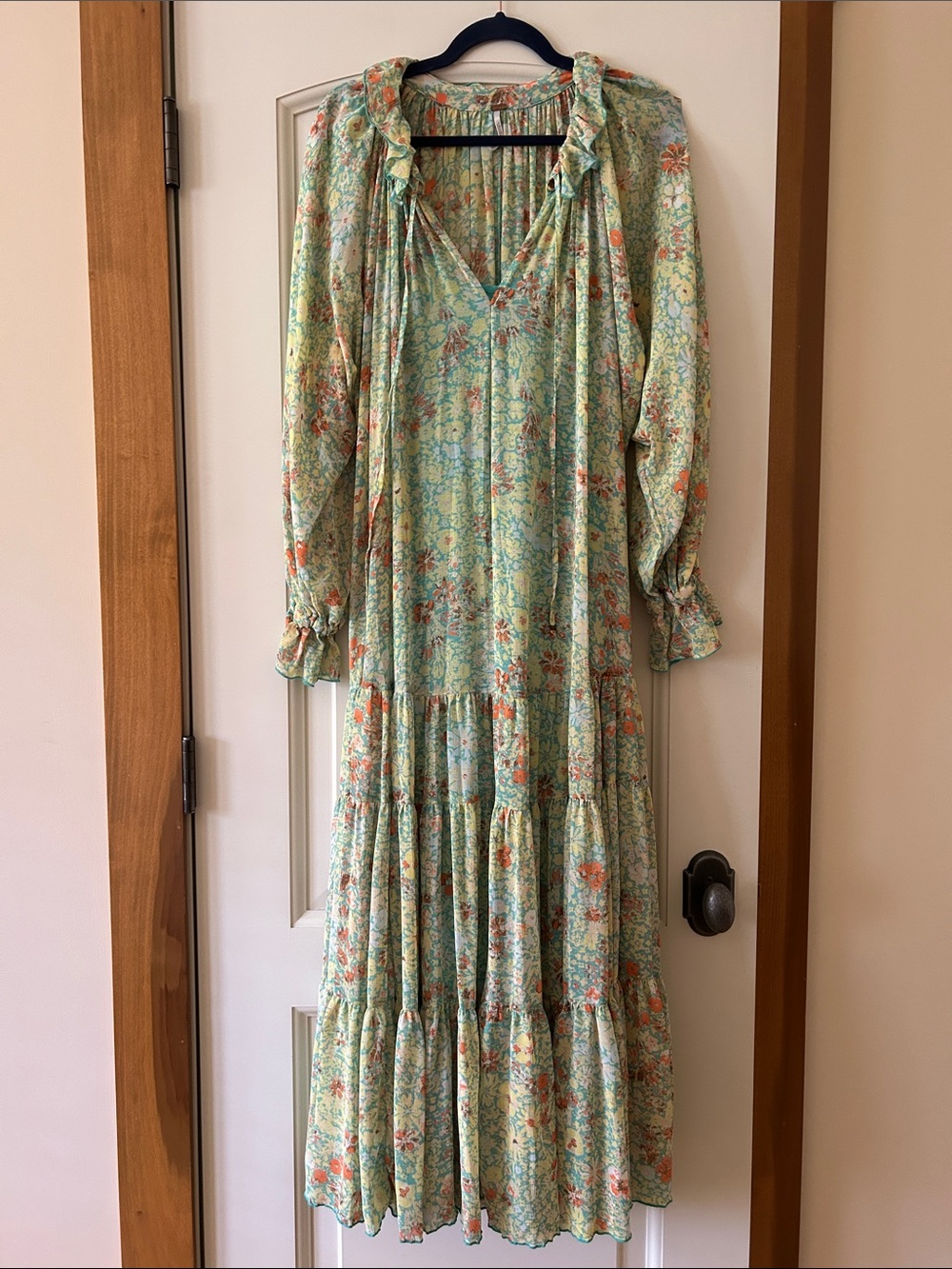 Free People Feeling Groovy Mint Green Floral Ruffle Tiered Midi Dress